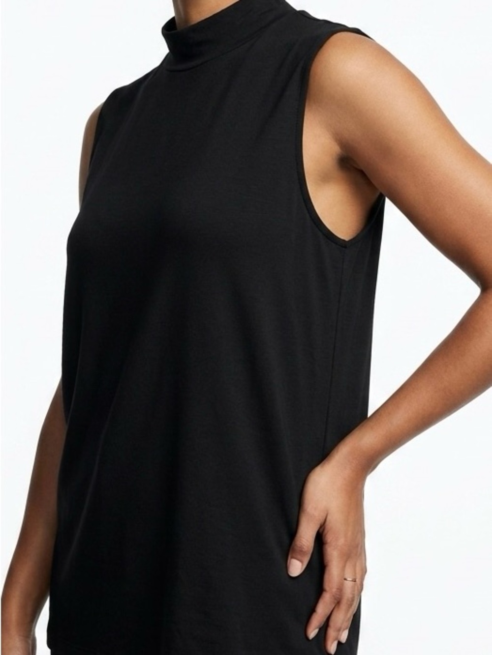 Eileen Fisher Black Viscose Stretch Jersey Mock Neck Tank Top | Fits like S